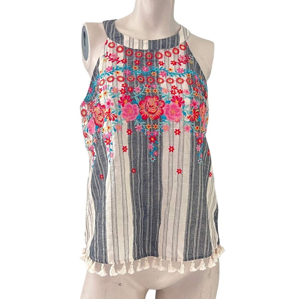 Savanna Jane Embroidered Floral Tank Top Small Striped Bohemian Tassel Hem Artsy